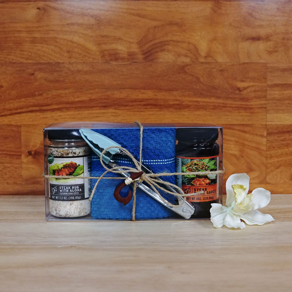 Blue Deluxe Steak Poke Gift Box on a wooden background.