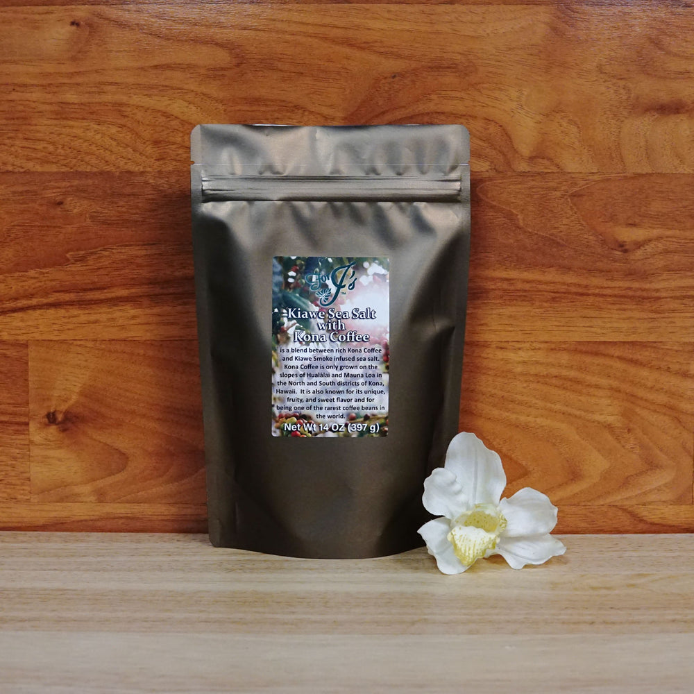 
                  
                    14 oz. Kiawe Sea Salt with Kona Coffee on a wooden background.
                  
                