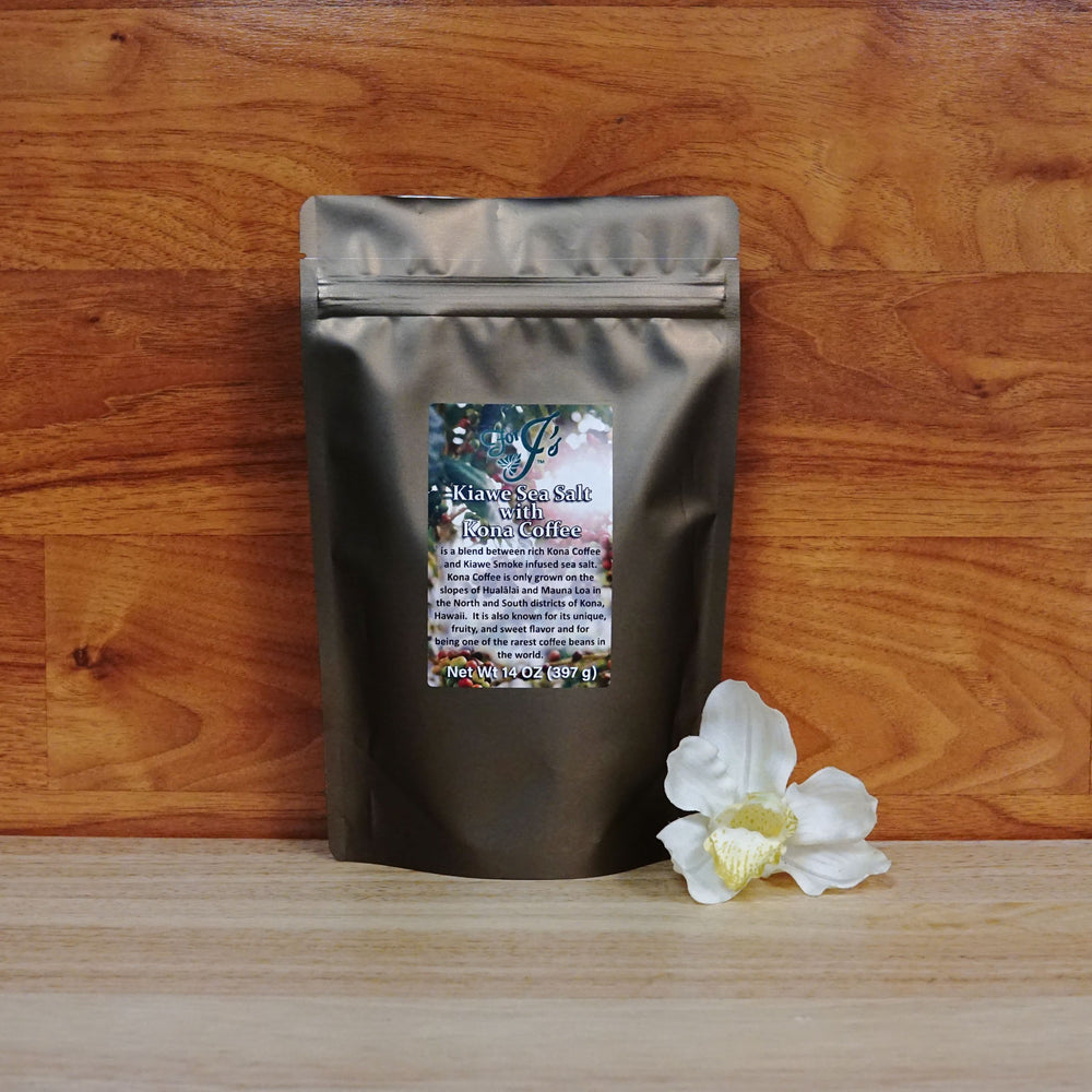 14 oz. Kiawe Sea Salt with Kona Coffee on a wooden background.